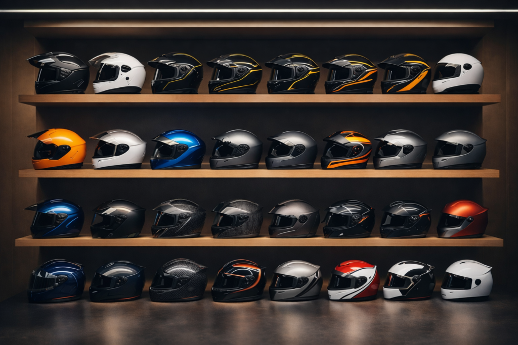 Melhores Marcas de Capacete em 2026: Guia Completo para Escolher com Segurança Melhores marcas de capacete expostas em prateleiras, destacando variedade de modelos, estilos e níveis de proteção.