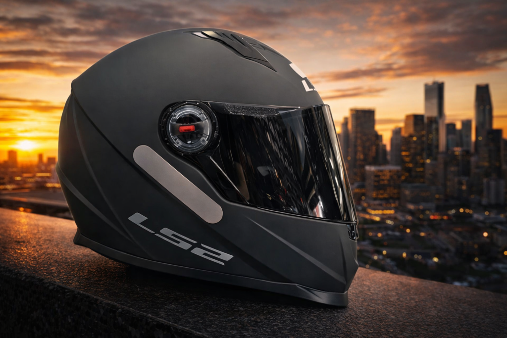 Capacete LS2 é bom? Review completo da marca e guia dos principais modelos Capacete LS2 é bom? imagem horizontal de capacete LS2 preto fosco com viseira escura em destaque sobre fundo urbano moderno.