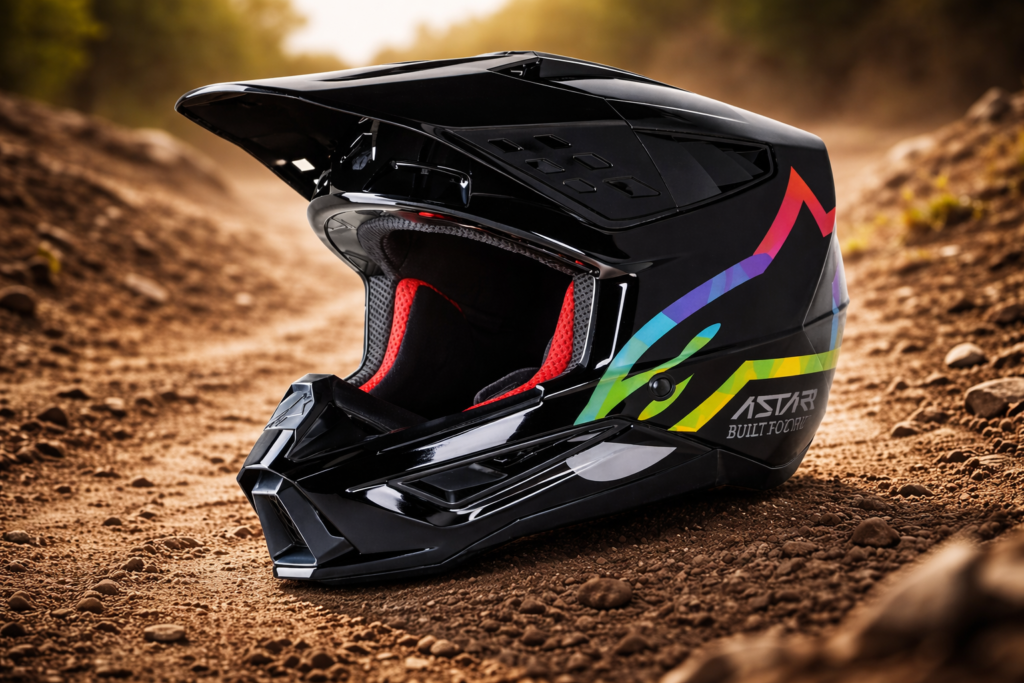 Capacete Alpinestars é bom? Análise da marca, tecnologias e modelos SM5 e Supertech M10 Capacete Alpinestars off-road preto com grafismos coloridos e pala frontal para motocross