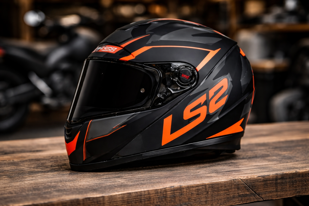 Capacete LS2 FF358 vale a pena? Review completo, desempenho, conforto e segurança Capacete LS2 FF358 preto com detalhes laranja e viseira escura, modelo integral esportivo para motociclistas.