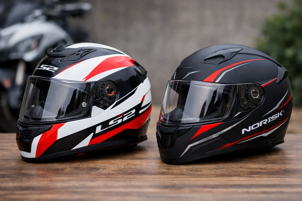 Diferença entre Capacete LS2 vs Norisk: qual vale mais a pena? Comparação entre capacete LS2 e capacete Norisk lado a lado mostrando design e estilo dos dois modelos