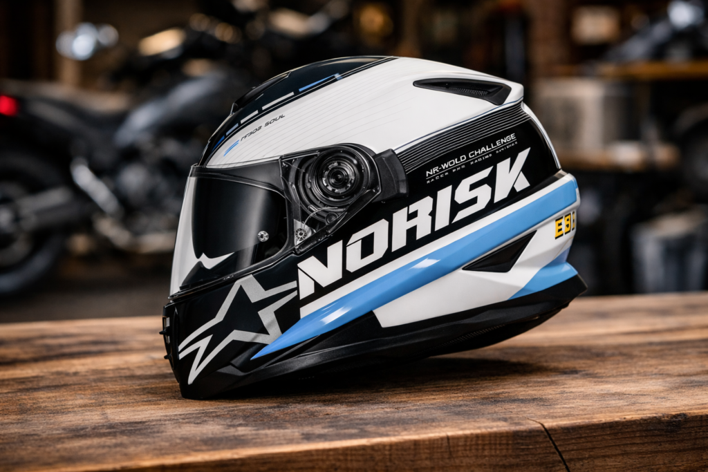 Capacete Norisk FF302 Soul branco e azul com viseira escura, modelo integral esportivo para motociclistas.
