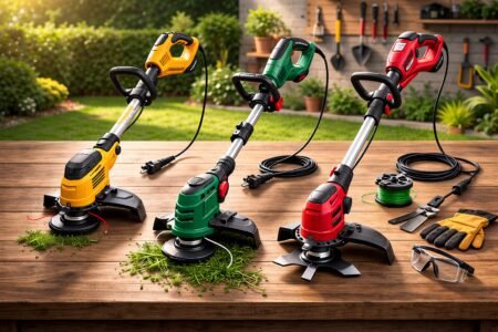 melhor roçadeira elétrica com três modelos de aparadores de grama sobre mesa para comparação