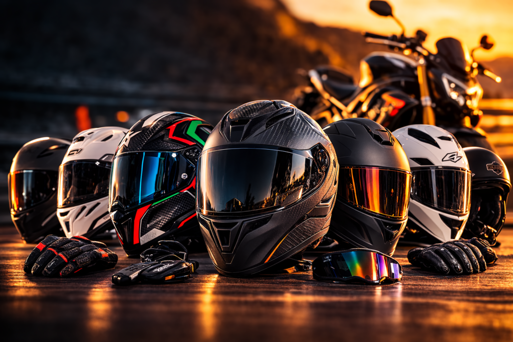Capacetes premium para motociclistas alinhados lado a lado com moto esportiva ao fundo, destacando modelos de alta performance e segurança