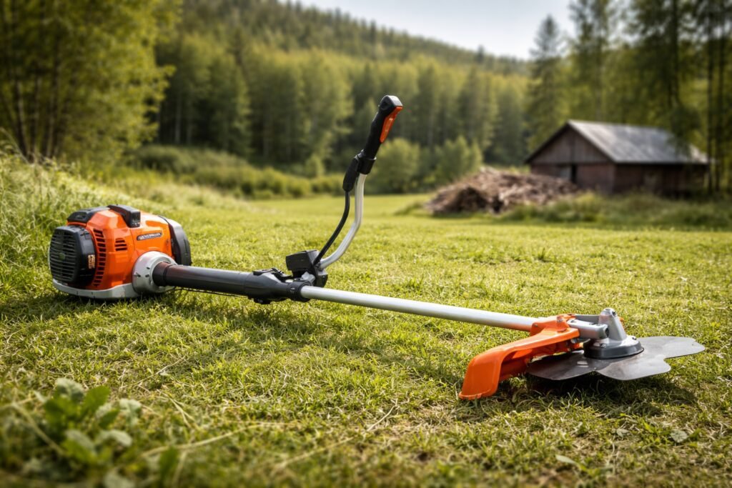 Roçadeira Husqvarna profissional posicionada sobre gramado em área rural, destacando motor potente e lâmina de corte usada para manutenção de terrenos e jardins.